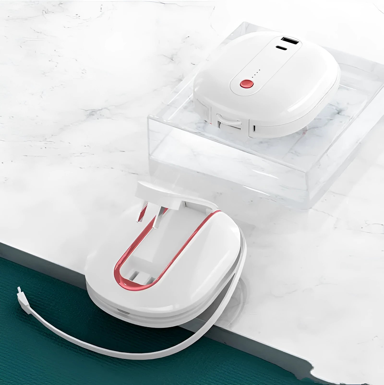 White and black two-in-one power bank with built-in wall plug showing 10000mAh capacity