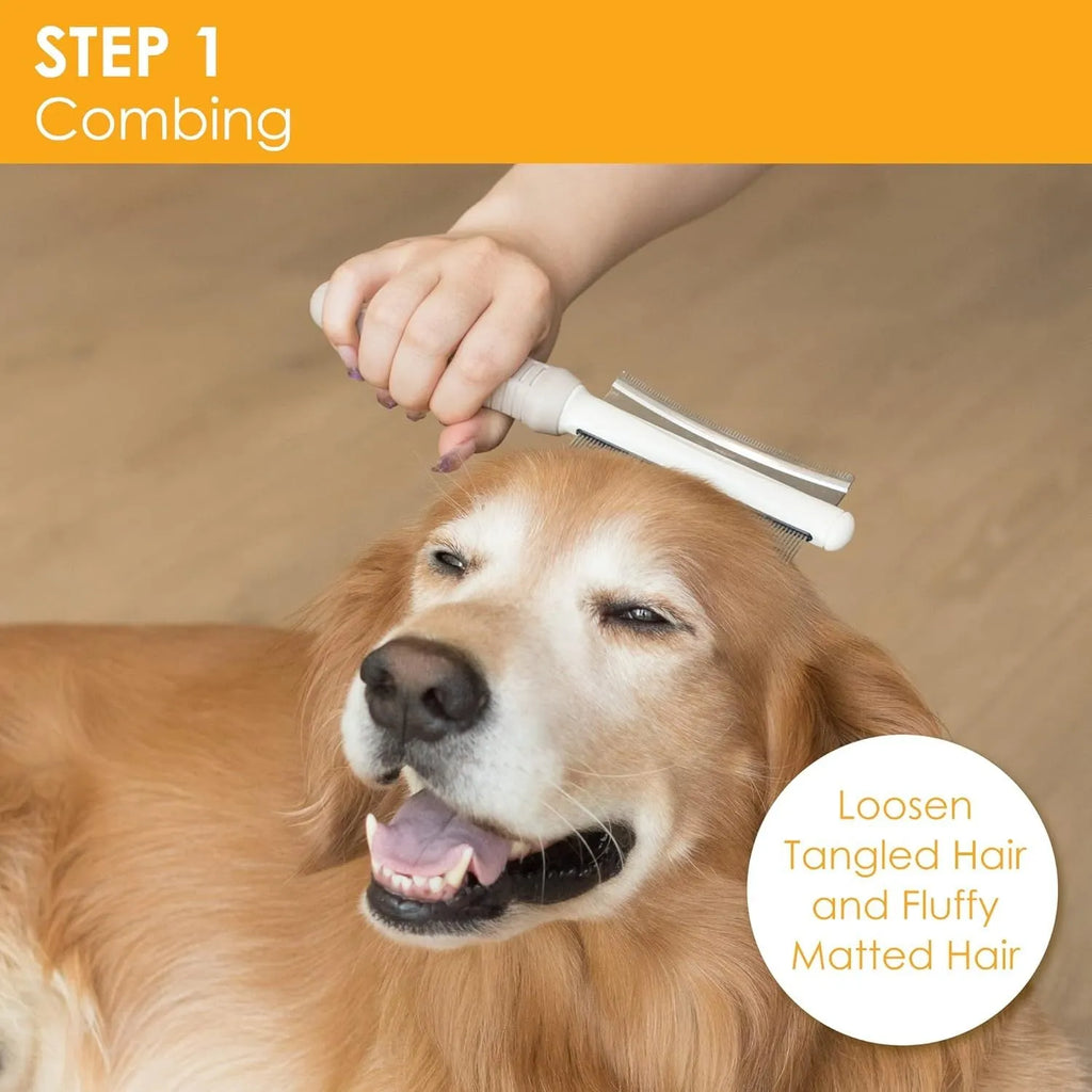 White double-sided dog and cat grooming brush with comb and deshedding head on a comfort-grip handle
