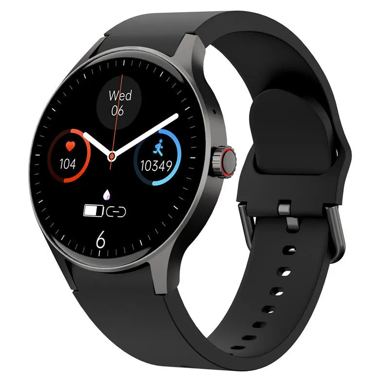 Black smart sport watch with round touch screen on a wrist, showing fitness stats.