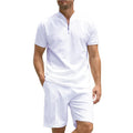 Men's solid colour polo shirt and matching trousers two-piece suit set on a hanger.