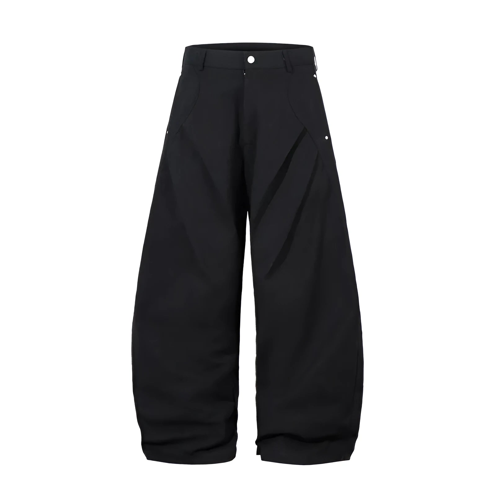 Men's black pleated wide-leg cotton trousers showing loose-fitting casual design