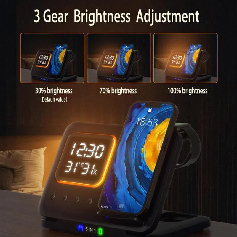 Black and white wireless charging dock station with digital clock display charging a phone, watch and headphones