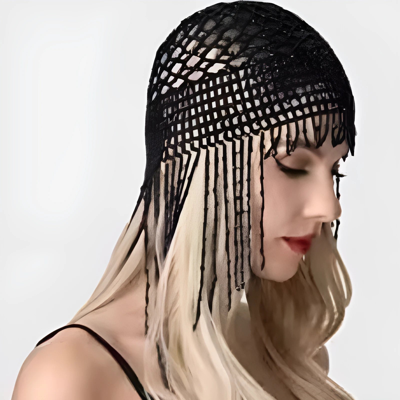 Handmade silver alloy belly dance hat with mesh decoration and long tassels