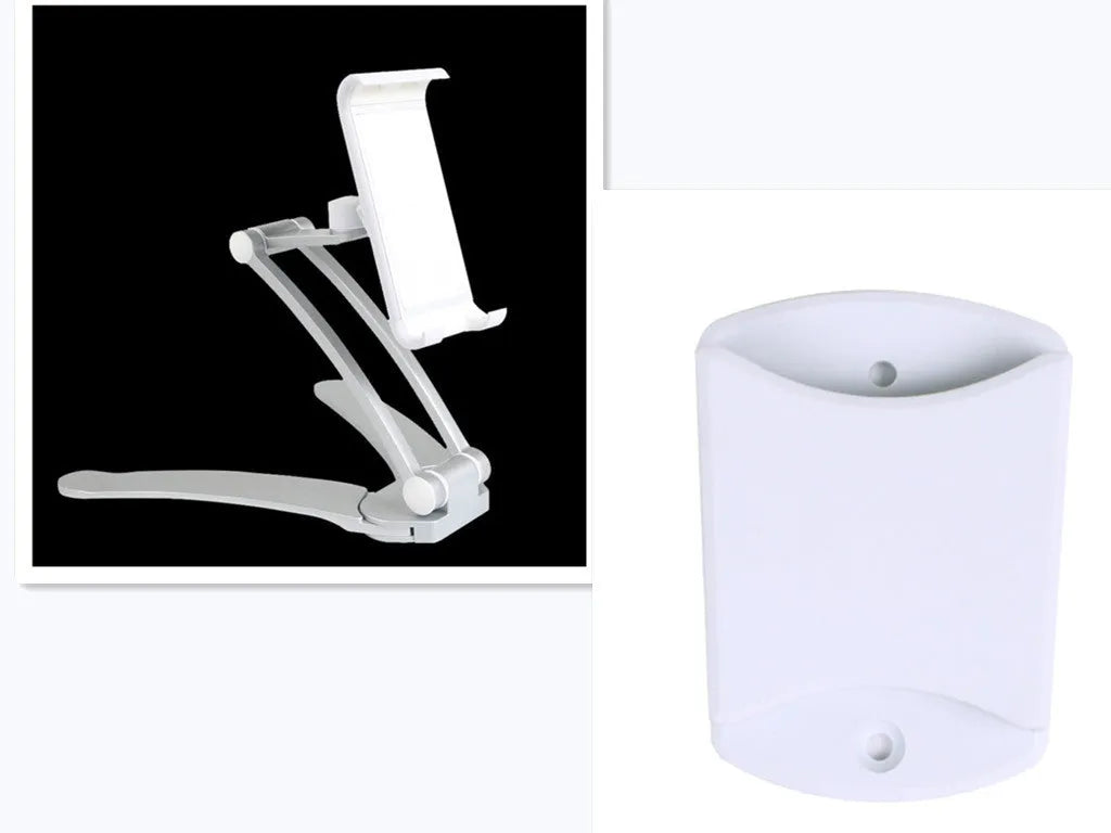 Silver aluminum desktop tablet stand holding a tablet, showing its adjustable clips and 360-degree rotation.
