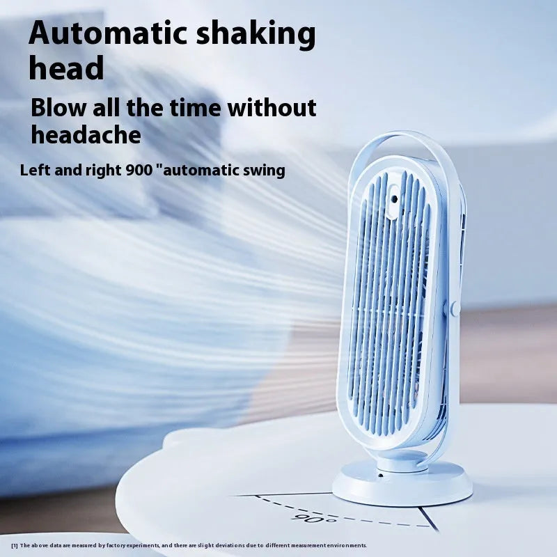 White USB tower fan with remote control on a wooden desk