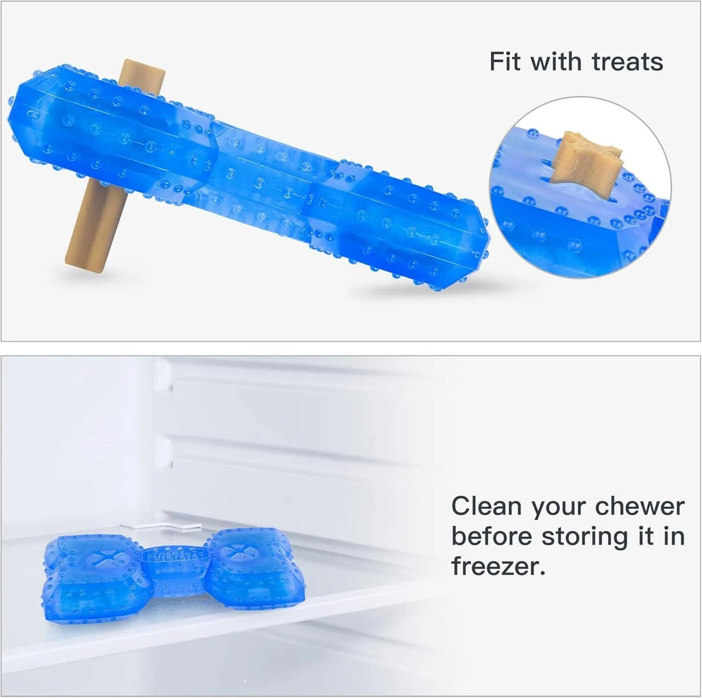Blue freezable dog chew toy in bone and circle shapes for teething and cooling relief.