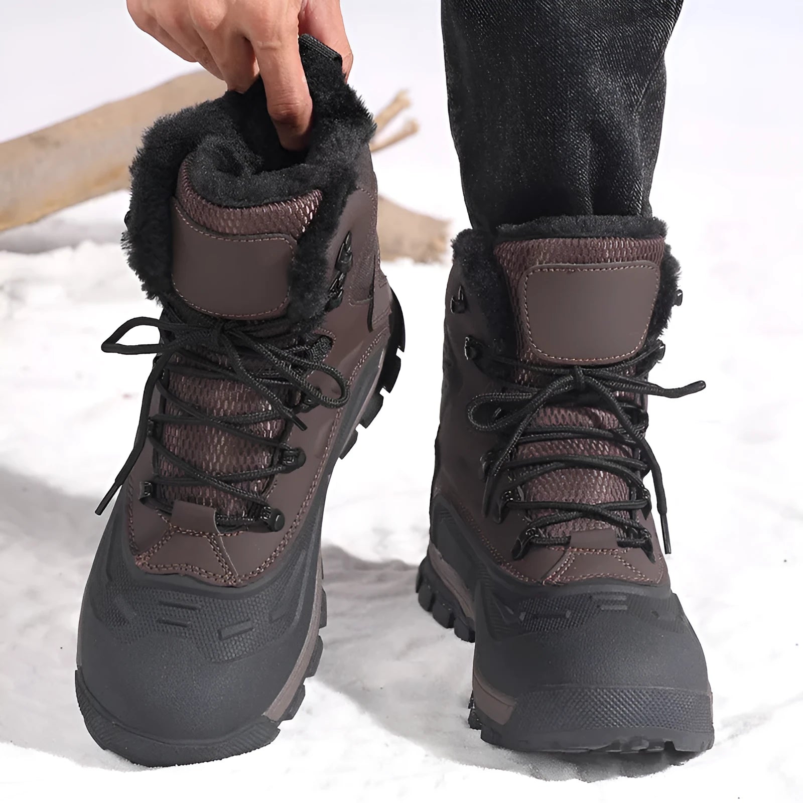 Men's black high-top lace-up boots with fleece lining, shown on a size label ranging from 39 to 48.