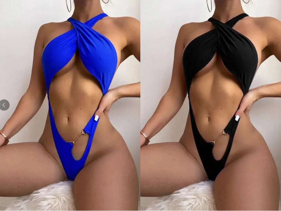 Solid blue or black women's one-piece swimsuit bikini on a mannequin.