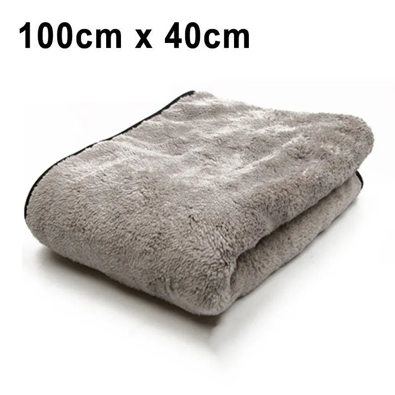 Three microfiber car wash towels showing different size options: 75x35cm, 60x40cm, and 100x40cm.