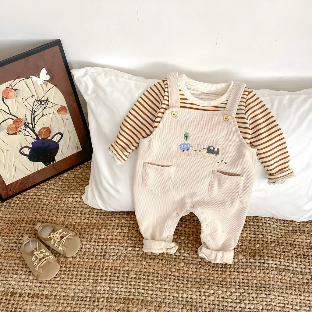 Unisex baby cotton striped top and bib pants set with car embroidery in size 80cm