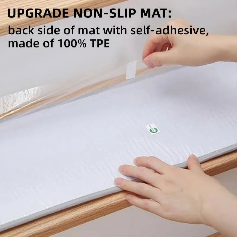 Japanese-style solid colour stair mat with polyester surface and rubber backing on wooden staircase