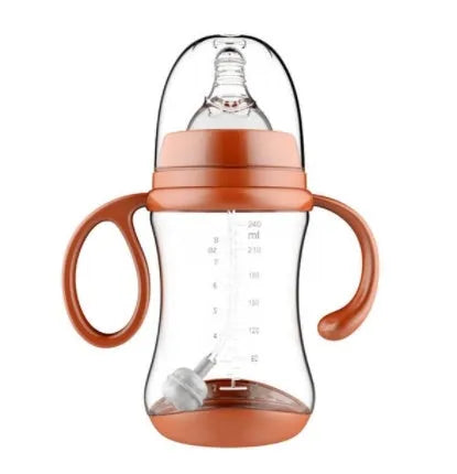 Baby feeding bottle made of BPA-free PP plastic with double handles, wide calibre, in pink or blue