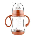 Baby feeding bottle made of BPA-free PP plastic with double handles, wide calibre, in pink or blue