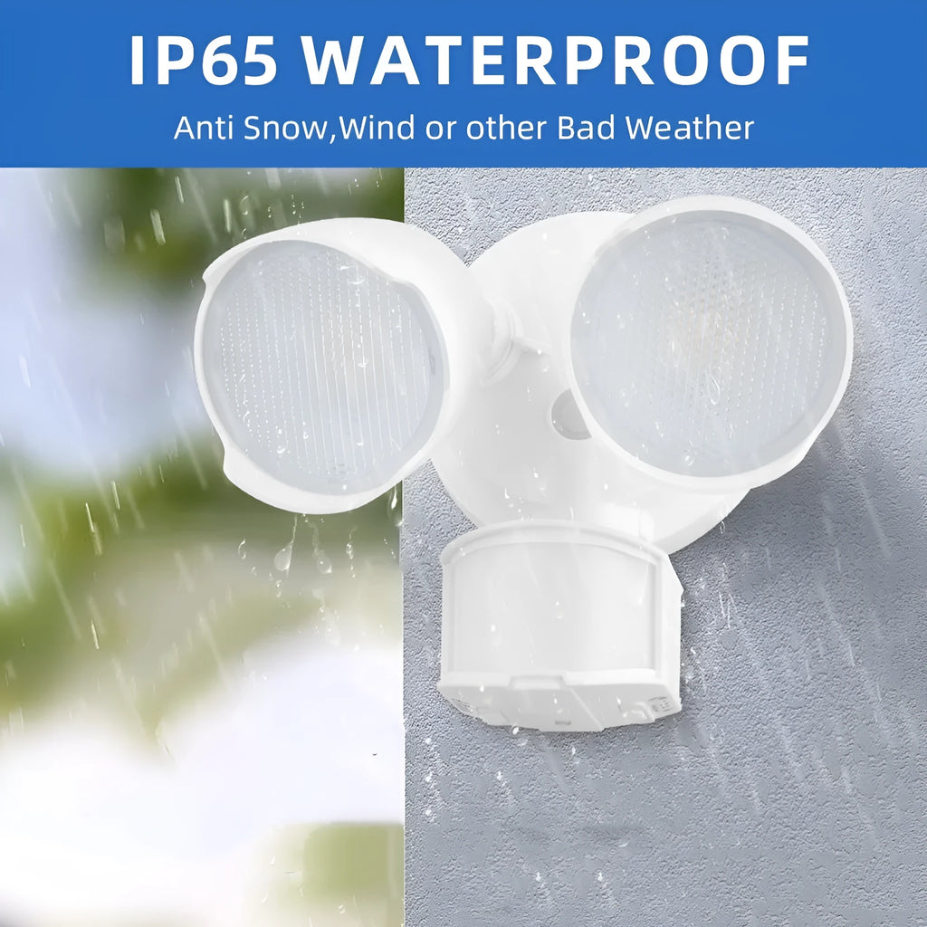 White 120V LED security floodlight with PIR sensor, dimensions 200x195x168mm, for wall or ceiling mounting.