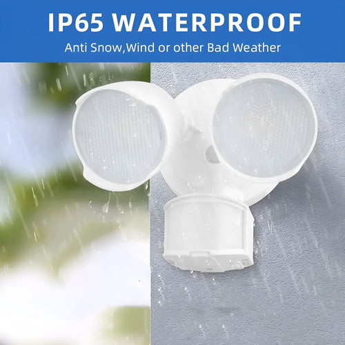 White 120V LED security floodlight with PIR sensor, dimensions 200x195x168mm, for wall or ceiling mounting.