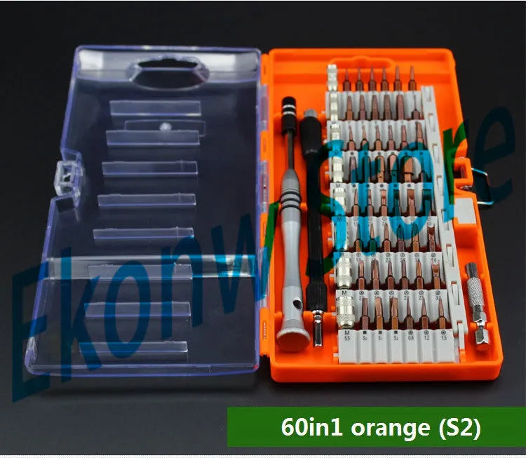 70-piece S2 alloy steel screwdriver set in organised case with multicoloured bits for mobile phone and computer repair