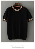 Men's grey pure wool short sleeve round neck sweater laid flat.