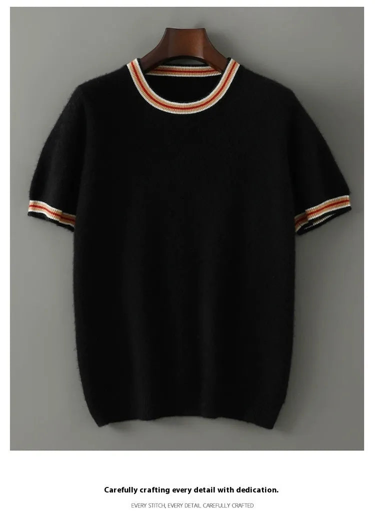 Men's grey pure wool short sleeve round neck sweater laid flat.