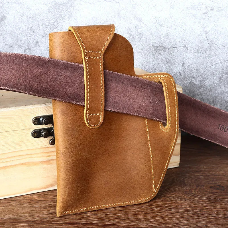 RtopR men's retro leather phone hanging belt bag in black with car suture detail and cover opening