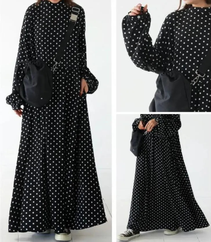 Plus size polka dot long sleeve Korean satin dress with flounced skirt and lantern sleeves in polka dot colour