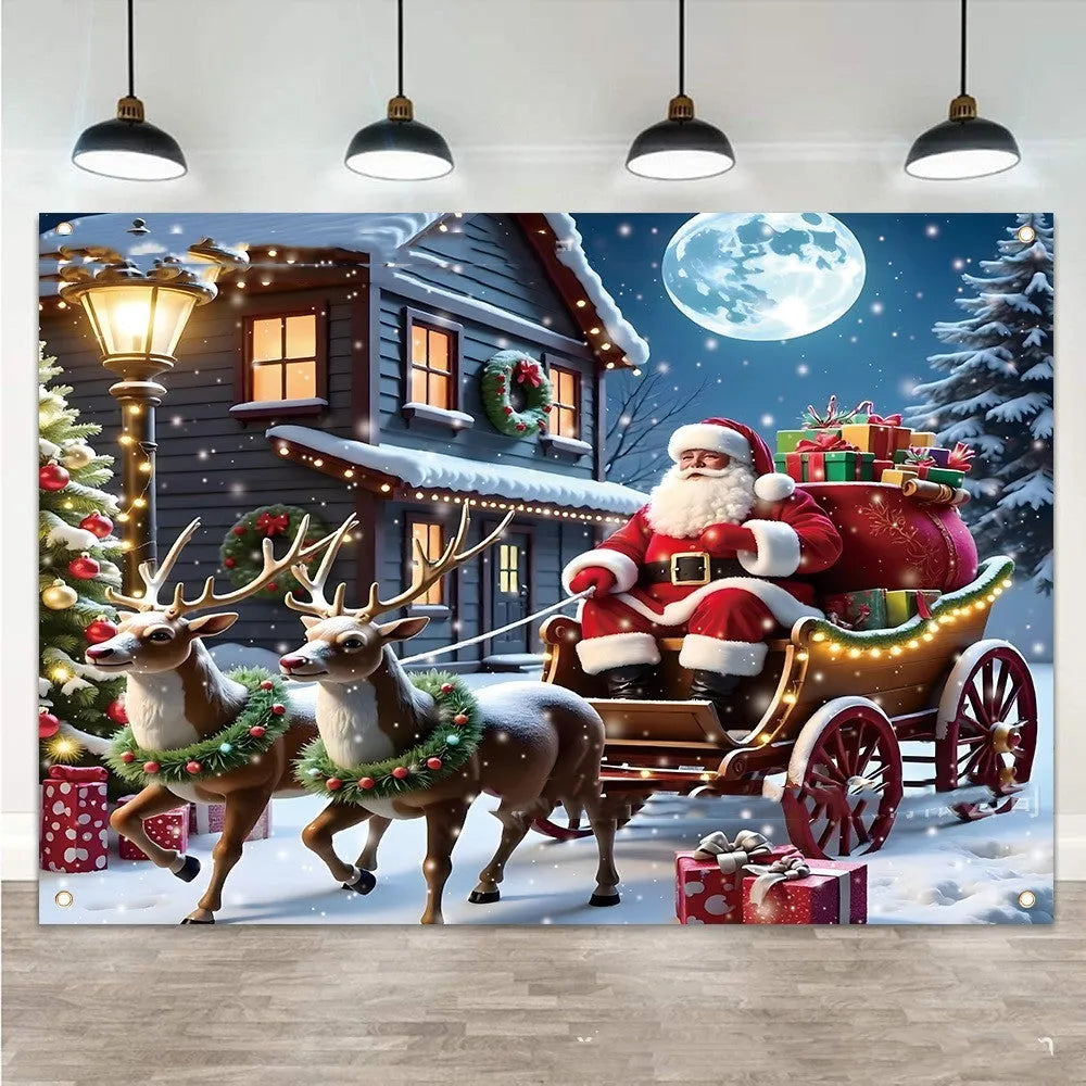 Large red Christmas banner with Santa Claus and gift design for holiday party decoration
