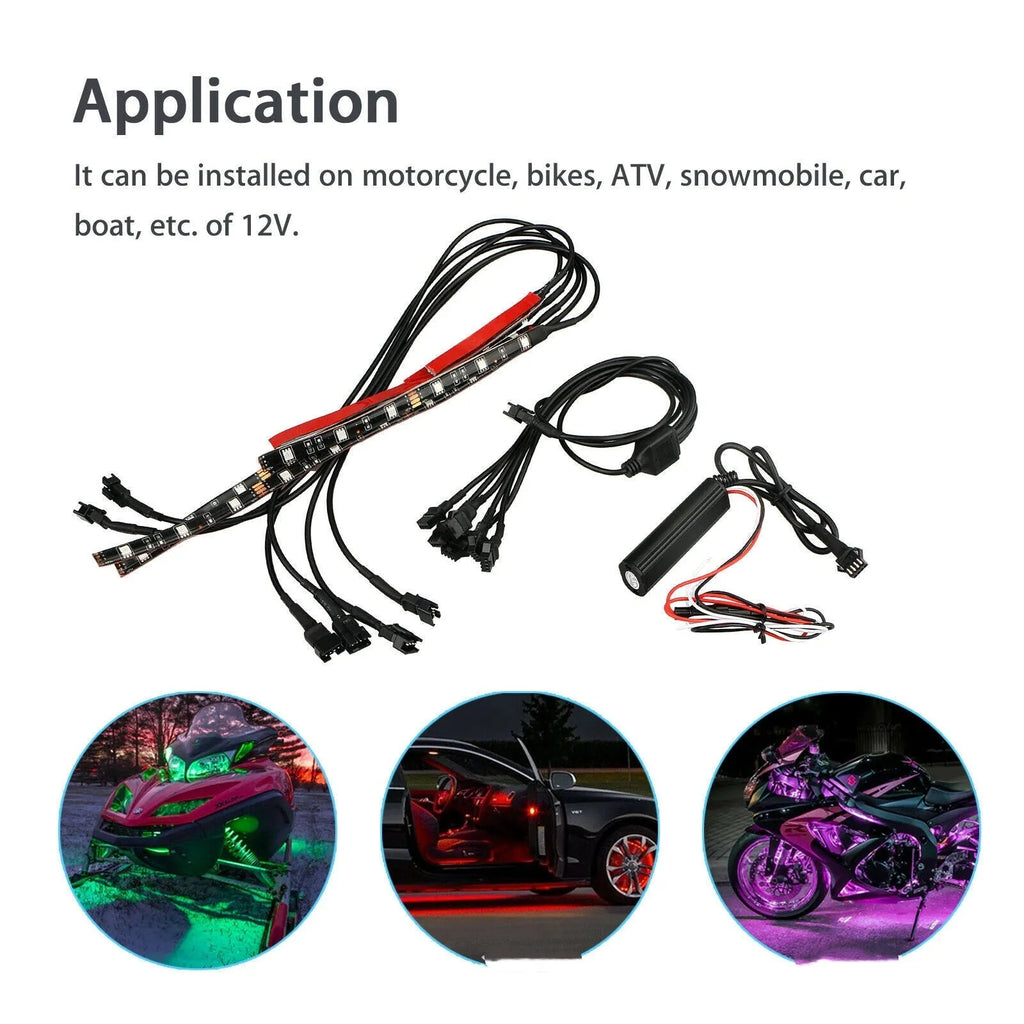 Black RGB LED vehicle light bar with wireless receiver and remote control for motorcycle and car atmosphere lighting
