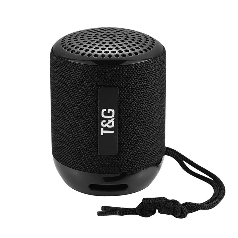 Wireless Bluetooth speaker in black, compact design with buttons and speaker grille, 73.4mm size