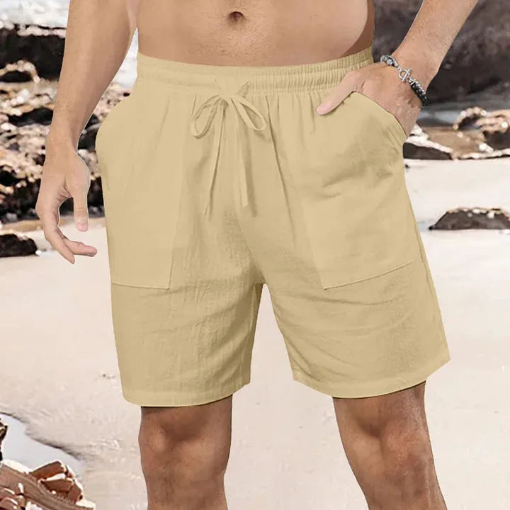 Men's straight leg linen shorts in light blue, black, white, khaki or light grey