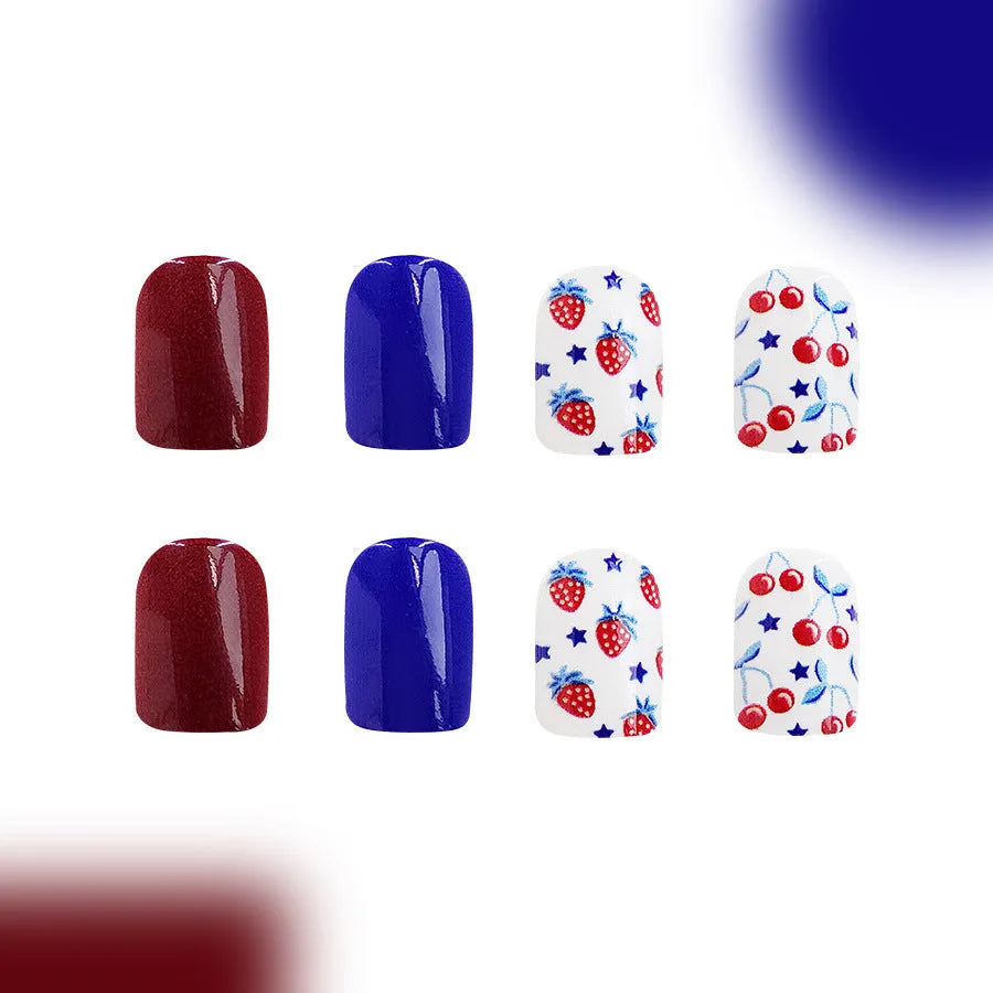 C409 Style glossy red and blue strawberry cherry pattern short nail stickers, pack of 24