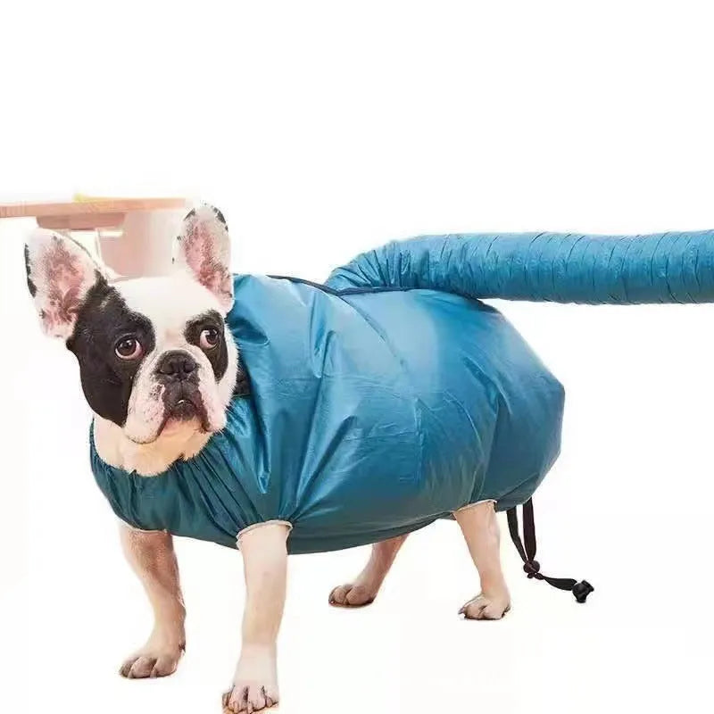 Blue high-density Oxford cloth pet drying bag for dogs and cats after baths, shown in size L