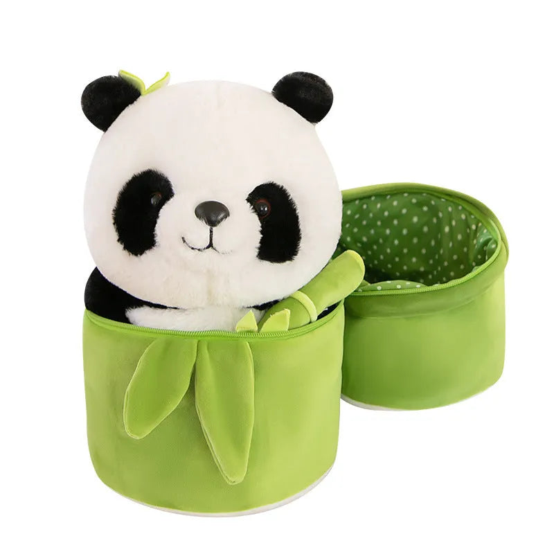 Panda plush doll with bamboo tube design holding bamboo, PP cotton filling, available in 25cm, 40cm, and 50cm sizes