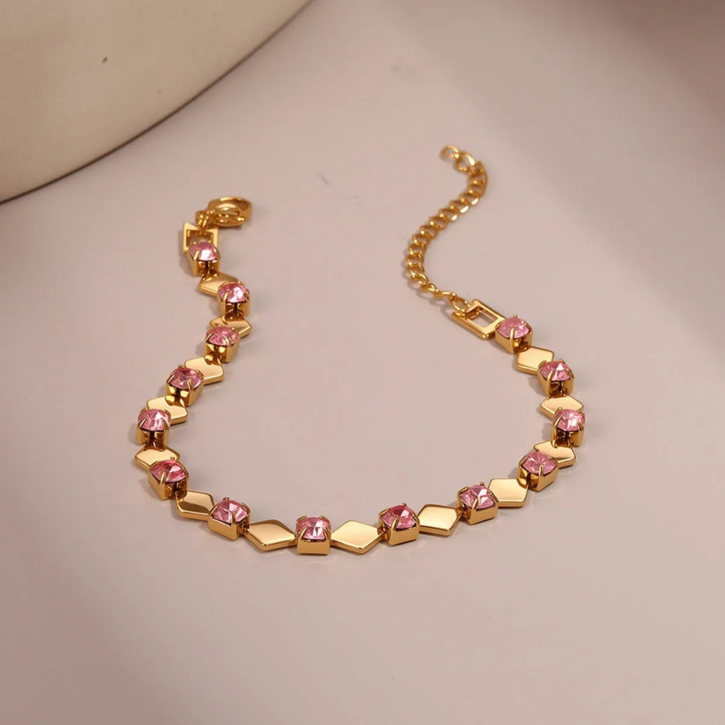 Women's stainless steel bracelet with 18K electroplating and geometric colour zircon stones, NMSB-J737-1