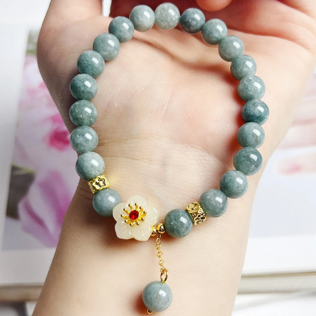 Women's adjustable jade bracelet with retro style and tightening rope