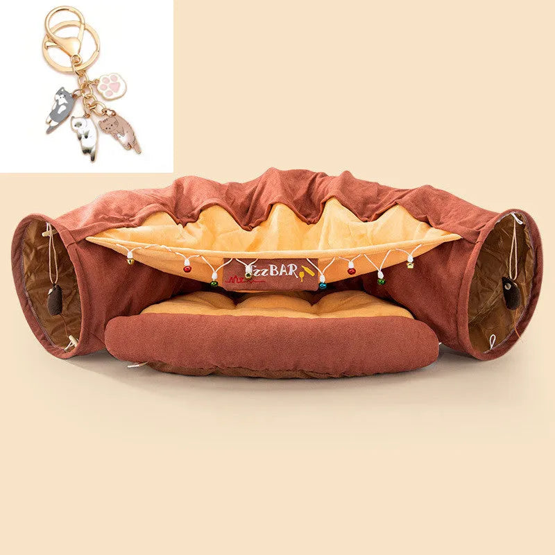 Collapsible cloth cat tunnel folded flat showing Bar colour option with 45cm length measurement