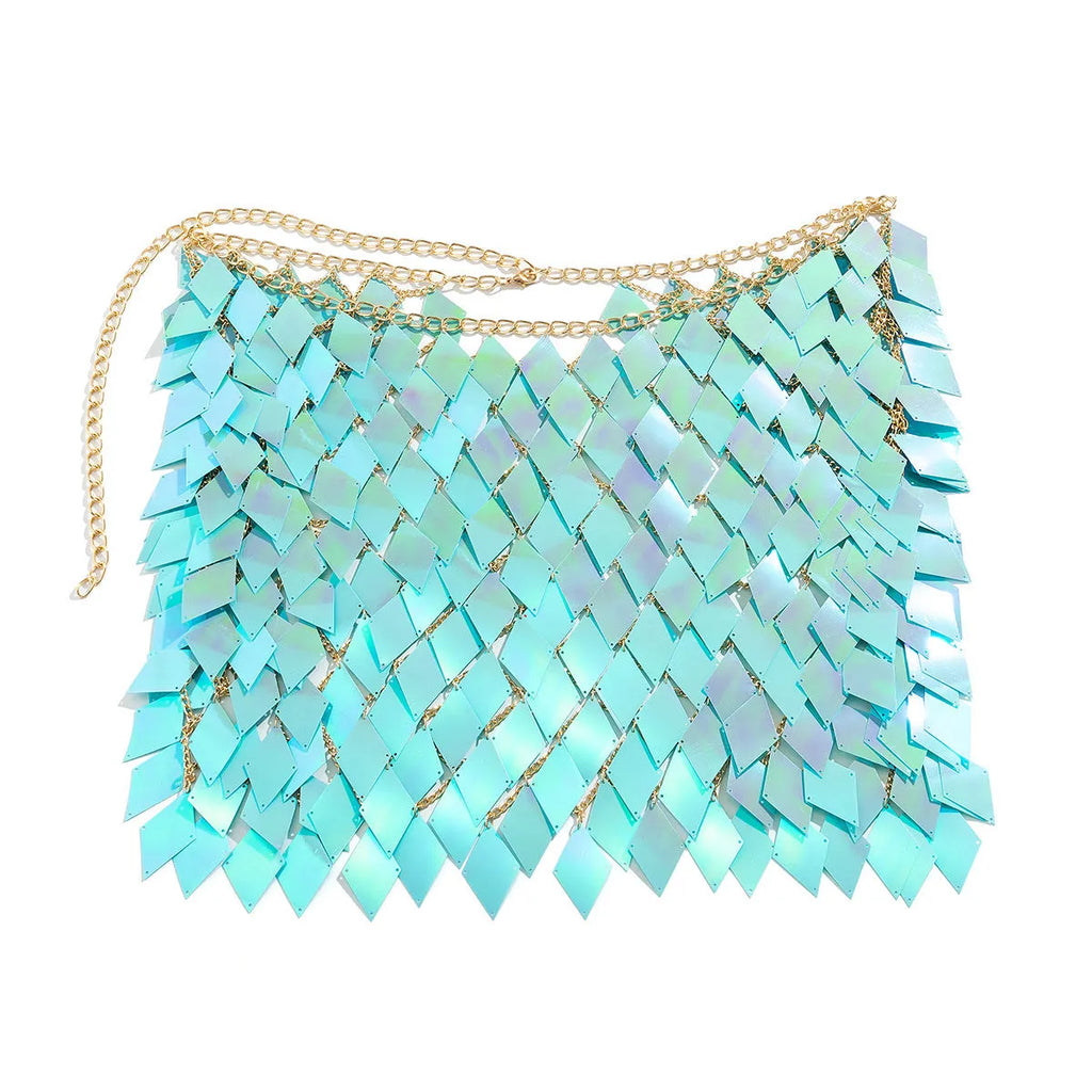 Women's geometric plastic body chain set with electroplated shine in orange and blue colour options