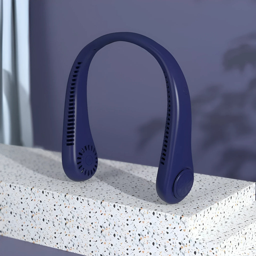 Blue coloured USB rechargeable portable bladeless neck fan being worn.