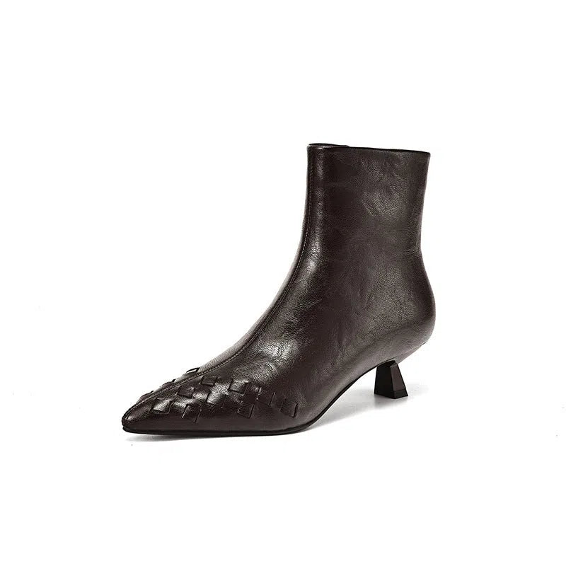 Women's genuine leather ankle boots with chunky mid-heel, square toe, side zipper, and belt buckle detail