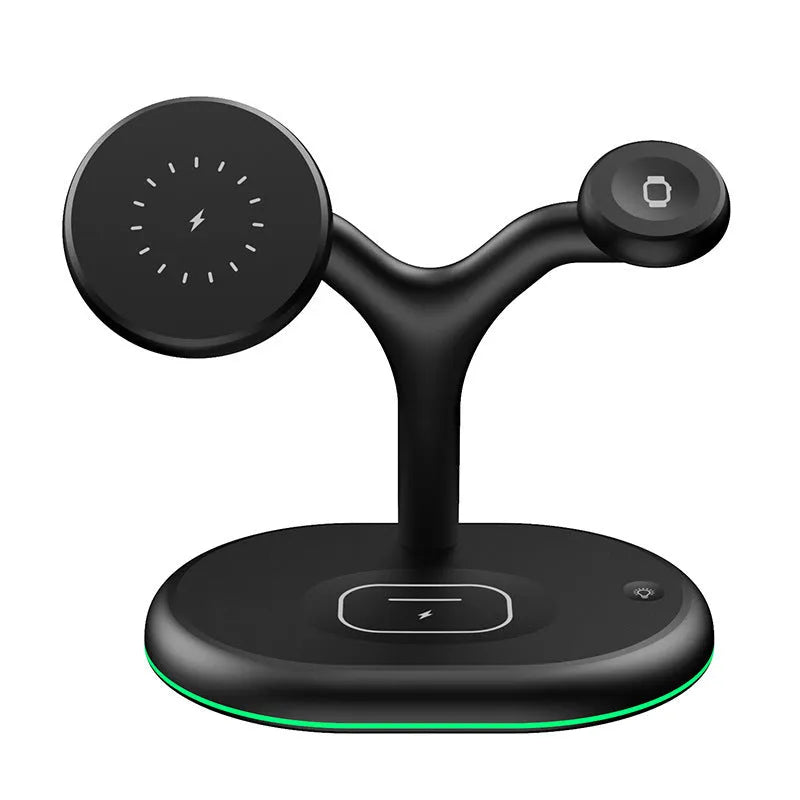 Black vertical magnetic three-in-one wireless charging stand with phone attached and watch charger folded out.
