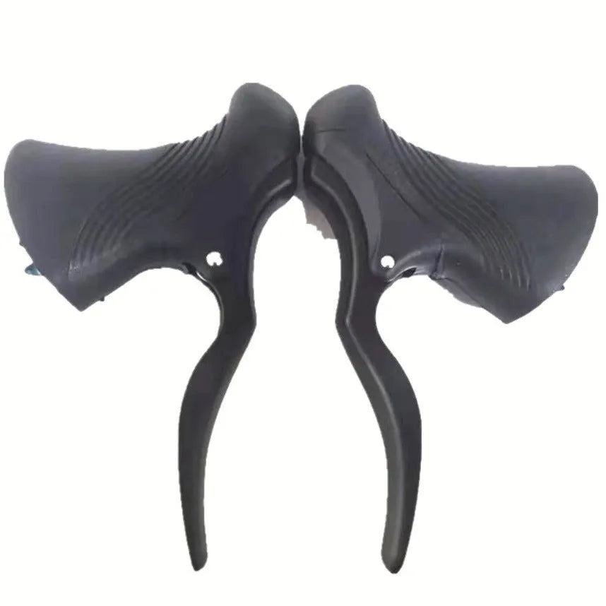 Pair of aluminium alloy road bicycle brake handles in black and black silver, showing clamp for handlebars.