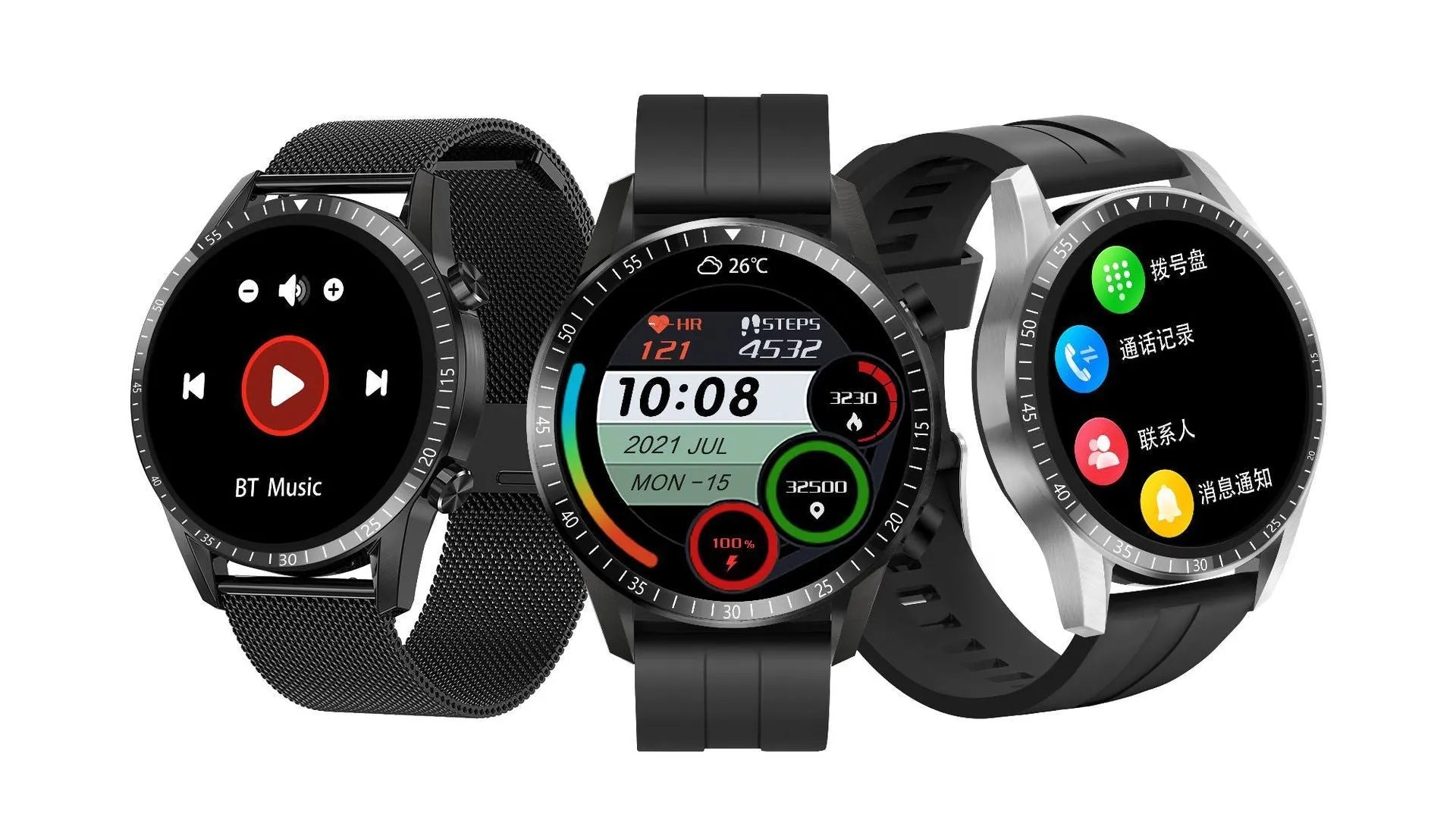 Round smartwatch with Bluetooth calling on wrist, showing black aluminium alloy case and touchscreen display