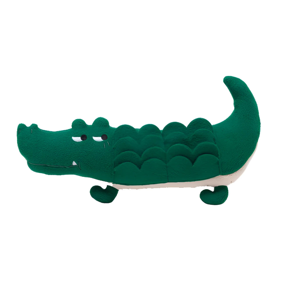 Green soft plush toy dog on a white background, showing its 35cm length.