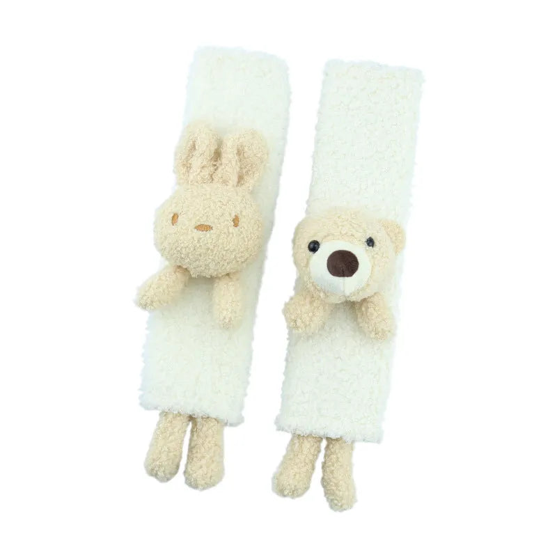 Cartoon plush car seatbelt shoulder protector in lamb wool with Bear and Rabbit designs.