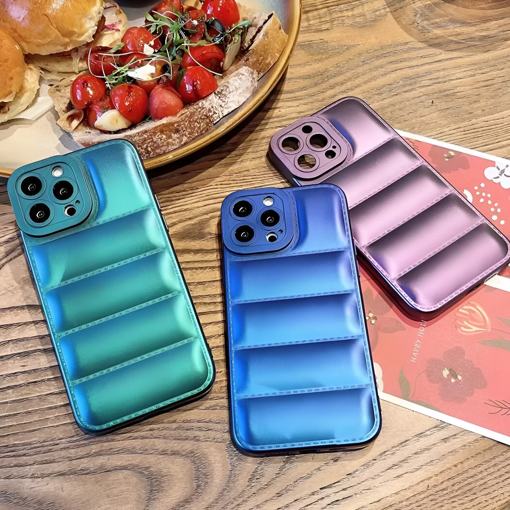 Silicone down jacket phone case for iPhone in laser green, blue, or purple with frosted finish