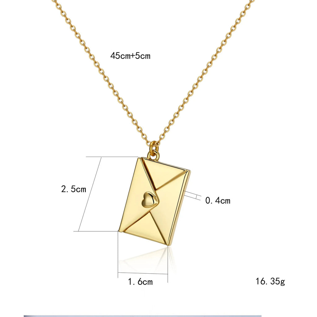 Envelope necklace with carved love letter pendant, cross chain, titanium steel and copper, gold steel or rose gold