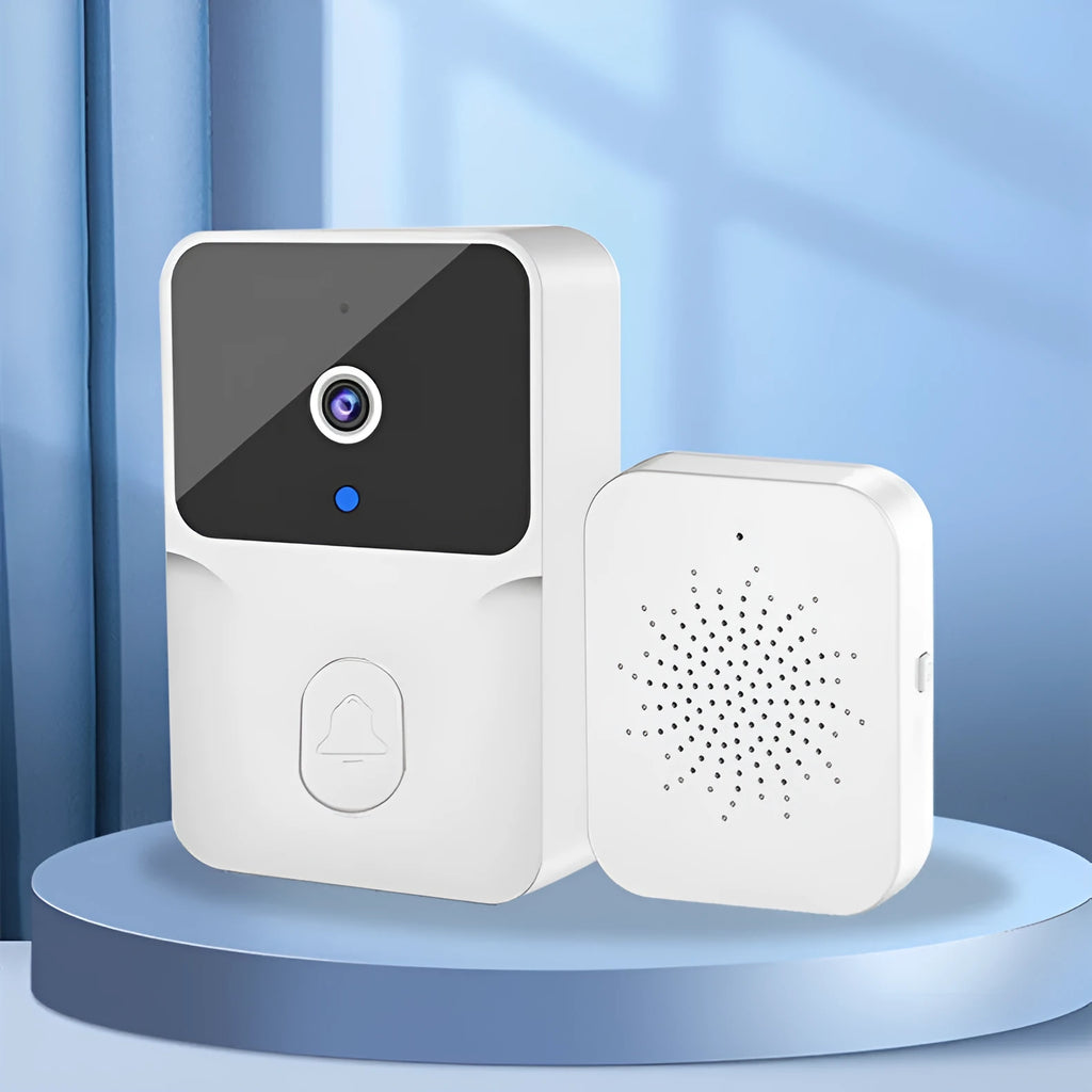 Wireless video doorbell with 60-degree night vision and cloud storage in black finish on a wooden door frame