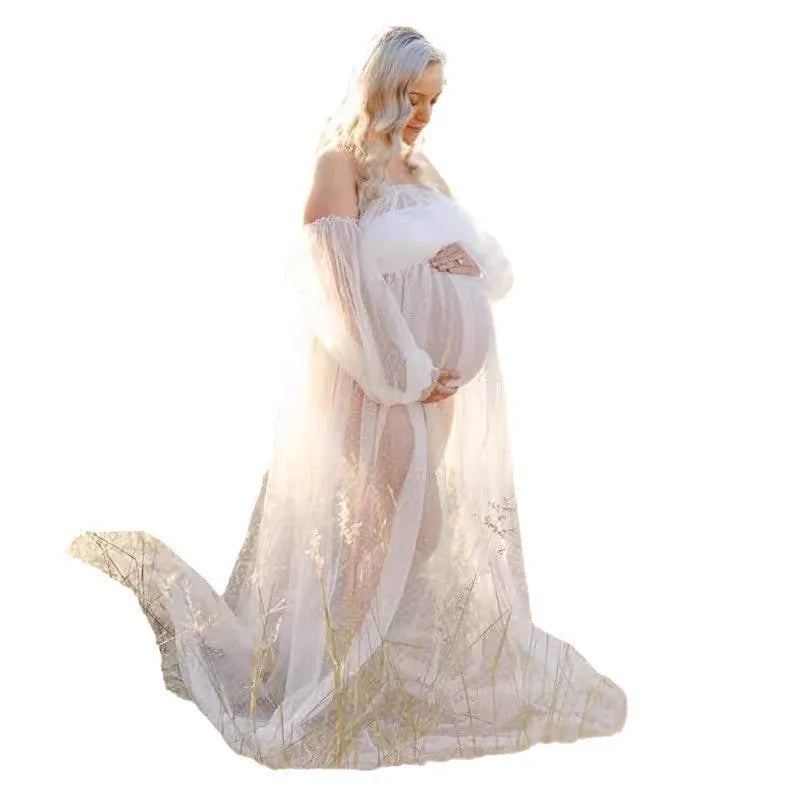 White dot mesh off-shoulder puff sleeve maternity dress with long skirt