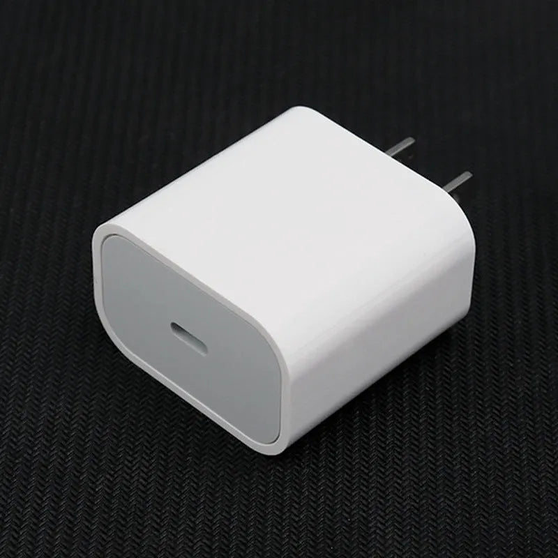 White 20W USB-C PD wall charger with either a US or European plug style.