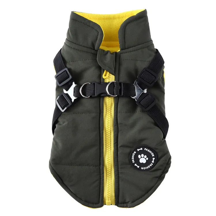 Chest strap padded dog jacket in polyester available in multiple sizes and colours