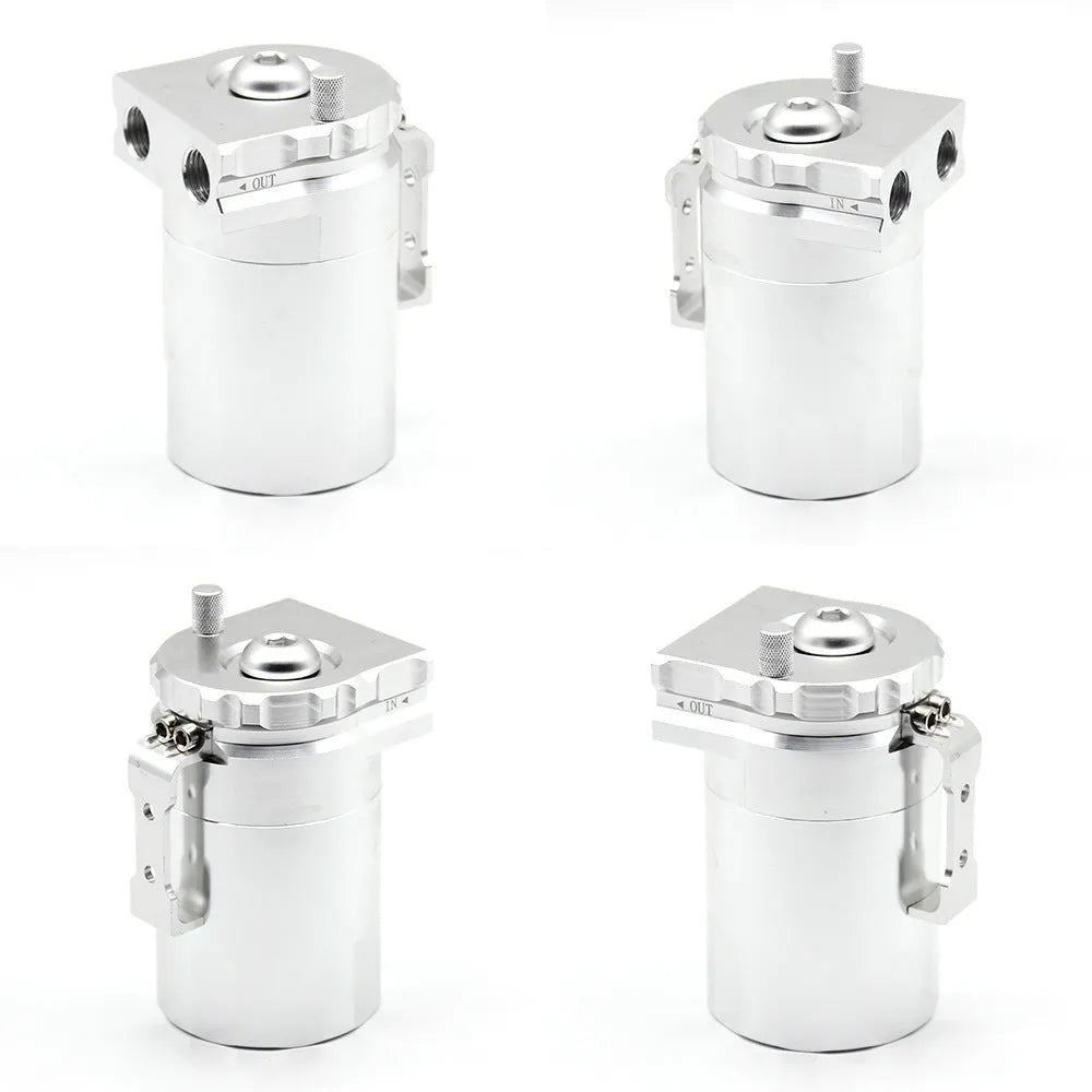 Aluminium alloy car engine oil breathable pot air filter in red, blue, black, and silver colours.