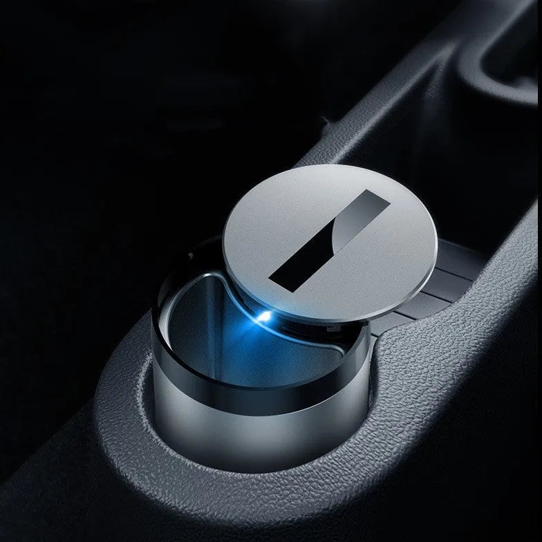 Automatic car ashtray in gun grey or secret silver finish measuring 7x10cm